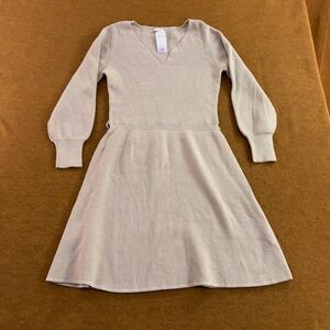 Lascana Womens 12 Beige Ribbed V-Neck Fit & Flare Long Sleeve Sweater Dress NWT